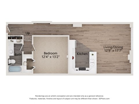 Floor plan for 1 bed, 1 bath, 747 sqft